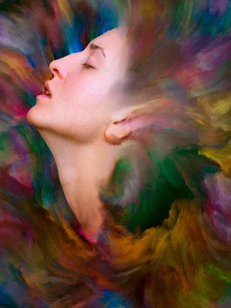 Dünya serisi. Duygular, duygular, iç dünya, yaratıcılık ve hayal gücü üzerine projeler için uygun bir zemin olarak canlı boyayla kaynaştırılmış kadın portresinin bileşimi