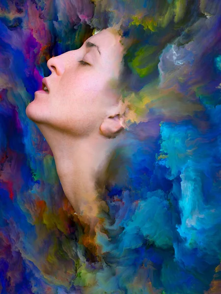 Dünya serisi. Duygular, duygular, iç dünya, yaratıcılık ve hayal gücü üzerine projeler için uygun bir zemin olarak canlı boyayla kaynaştırılmış kadın portresinin bileşimi