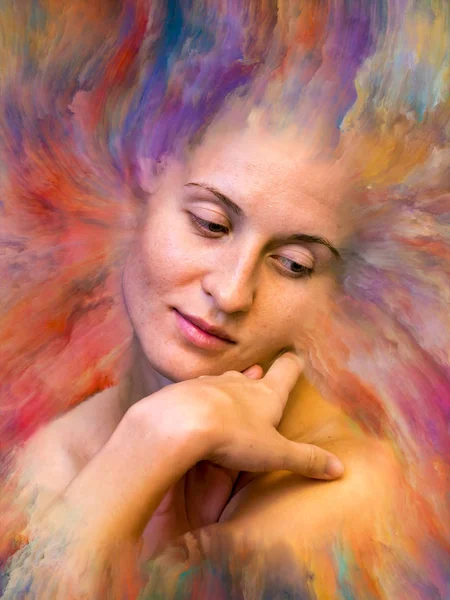 Dünya serisi. Kadın portresinin soyut bileşimi duygular, duygular, iç dünya, yaratıcılık ve hayal gücüyle ilgili projelere uygun canlı boyayla kaynaştırılmış.