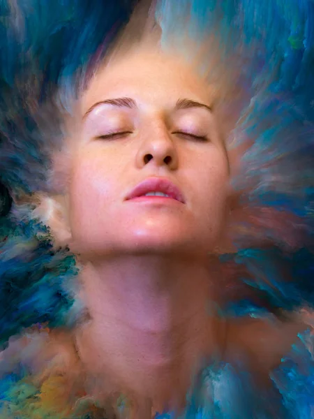 Onun Dünya serisi. Kadın portre konusu duygular, duygular, iç dünya, yaratıcılık ve hayal gücü için canlı boya ile erimiş grafik bileşimi