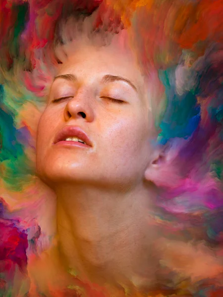 Dünya serisi. Duygular, duygular, iç dünya, yaratıcılık ve hayal gücü üzerine çalışmalar için kadın portresinin canlı boya ile kaynaşmış görsel olarak memnun edici bileşimi