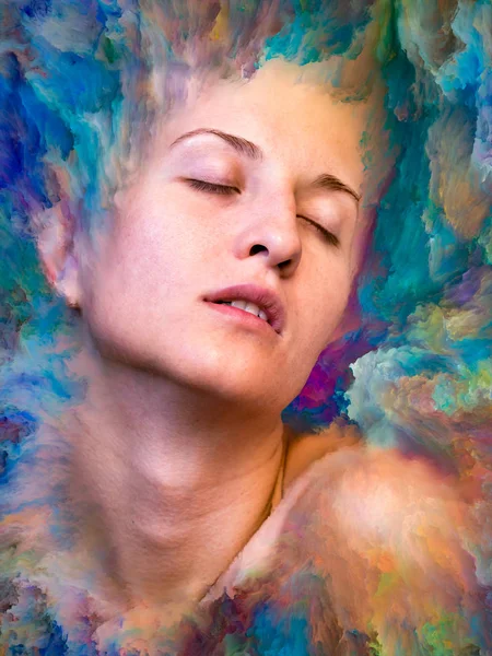 Dünya serisi. Duygular, duygular, iç dünya, yaratıcılık ve hayal gücü konularında kadın portresiyle birleştirilmiş soyut tasarım.