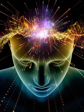 Zihin dizi elemanları. insan kafası ve sembolleri bilim, eğitim ve zihin gücü konusunda teknolojinin 3D çizimi