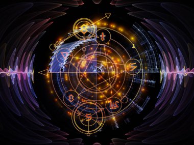Astral kızdırma serisi. Tasarım maneviyat, büyü ve Tasavvuf konusunda bir metafor olarak kutsal geometri hatları, Astroloji sembolleri ve ışıklar oluşur