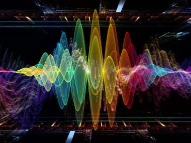 Dalga Fonksiyonu serisi. Ses eşitleyici, müzik spektrumu ve kuantum olasılığının metaforu olarak renkli sinüs titreşimleri, ışık ve fraktal elementlerden oluşan tasarım