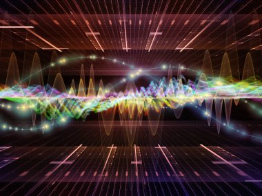 Dalga fonksiyonu serisi. Zemin oluşan renkli sinüs titreşimleri, ışık ve fraktal öğeleri ve ses ekolayzer, projelerde kullanıma uygun müzik spektrum ve kuantum olasılık