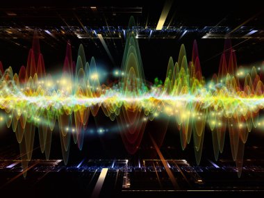 Dalga fonksiyonu serisi. Renkli sinüs titreşimler kompozisyon, ışık ve fraktal elemanları ses ekolayzer, mecazi ilişkisi ile müzik spektrum ve kuantum olasılık