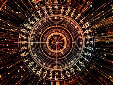 Anlam serisi çemberi. Arka plan tasarımı kutsal sembolleri, oklar ve fraktal öğeleri maneviyat, Astroloji, fal ve sihir konusunda