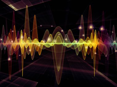 Dalga fonksiyonu serisi. Renkli sinüs titreşimler arka plan kompozisyon, ışık ve fraktal öğeleri ses ekolayzer, konu üzerinde müzik spektrum ve kuantum olasılık