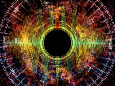 Dalga Fonksiyonu serisi. Ses eşitleyici, müzik spektrumu ve kuantum olasılığı için renkli sinüs titreşimleri, ışık ve fraktal elementlerin grafiksel bileşimi