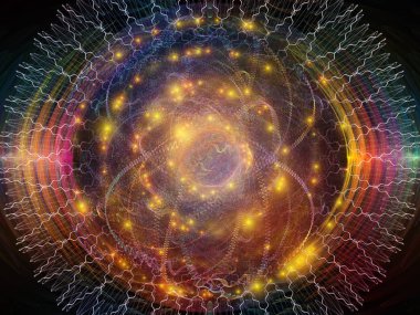 Dalga Fonksiyonu serisi. Ses eşitleyici, müzik spektrumu ve kuantum olasılığı üzerine renkli sinüs titreşimleri, ışık ve fraktal elementlerin arkaplanı