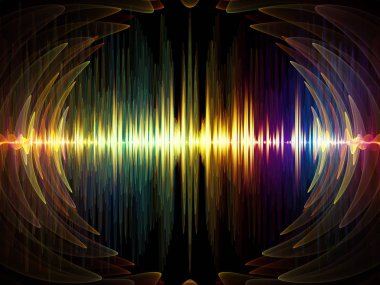 Dalga Fonksiyonu serisi. Ses eşitleyici, müzik spektrumu ve kuantum olasılığıyla ilgili projeler için arkaplan görevi görecek renkli sinüs titreşimleri, ışık ve fraktal elementlerden oluşan tasarım