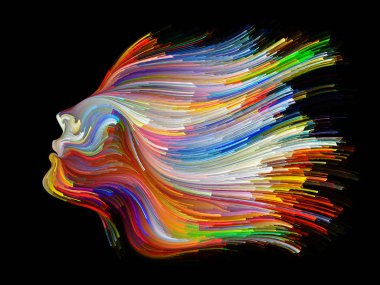 Yüz renk serisi. Tasarım insan profili ve boya bir metafor olarak yaratıcılık, tasarım, iç dünya, içgüdü ve sanatsal ruh konusunda hareketli renkli çizgiler oluşur