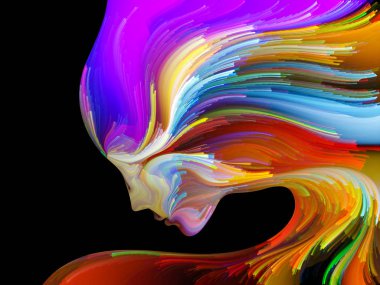 Yüz renk serisi. Zemin insan profili ve yaratıcılık, tasarım, iç dünya, içgüdü ve sanatsal ruh konusunda boya hareketli renkli çizgiler