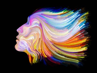 Yüz renk serisi. Sanatsal soyutlama insan profili ve yaratıcılık, tasarım, iç dünya, içgüdü ve sanatsal ruh konusunda boya hareketli renkli çizgiler oluşur