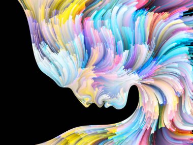 Yüz renk serisi. İnsan profili ve yaratıcılık, tasarım, iç dünya, içgüdü ve sanatsal ruhu boya mecazi ilişki ile hareketli renkli çizgiler bileşimi