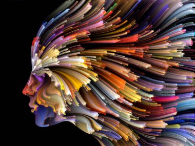 Yüz renk serisi. Tasarım insan profili ve boya bir metafor olarak yaratıcılık, tasarım, iç dünya, içgüdü ve sanatsal ruh konusunda hareketli renkli çizgiler oluşur