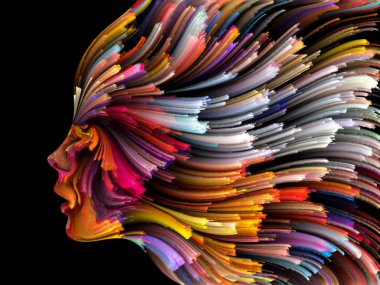 Yüz renk serisi. Sanatsal soyutlama insan profili ve konu yaratıcılık, tasarım, iç dünya, içgüdü ve sanatsal ruhu üzerinde boya hareketli renkli çizgiler oluşur