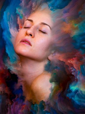 Dünya serisi. Duygular, duygular, iç dünya, yaratıcılık ve hayal gücü üzerine projeler için uygun bir zemin olarak canlı boyayla kaynaştırılmış kadın portresinin bileşimi
