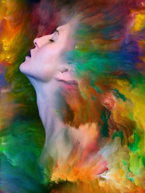 Dış serinin içinde. Duygular, duygular, iç dünya, yaratıcılık ve hayal gücü konularında bir metafor olarak kadın portresiyle birleştirilmiş bir tasarım.