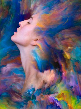 Dış serinin içinde. Duygular, duygular, iç dünya, yaratıcılık ve hayal gücü konularında bir metafor olarak kadın portresiyle birleştirilmiş bir tasarım.