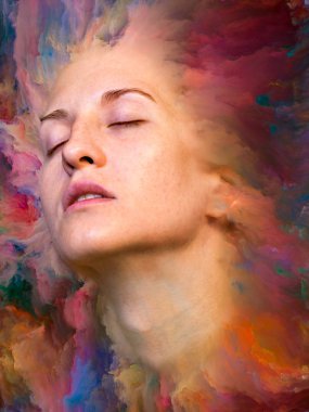 Dünya serisi. Duygular, duygular, iç dünya, yaratıcılık ve hayal gücü konularında kadın portresiyle birleştirilmiş sanatsal soyutlama.