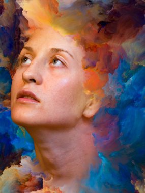Onun Dünya serisi. Kadın portre canlı boya ile erimiş ve duygular, duygular, iç dünya, yaratıcılık ve hayal gücü projelerde kullanım için uygun zemin oluşur