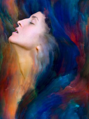 Dünya serisi. Duygular, duygular, iç dünya, yaratıcılık ve hayal gücü konularında bir metafor olarak kadın portresinin canlı resimlerle kaynaşmış yaratıcı düzenlemesi.