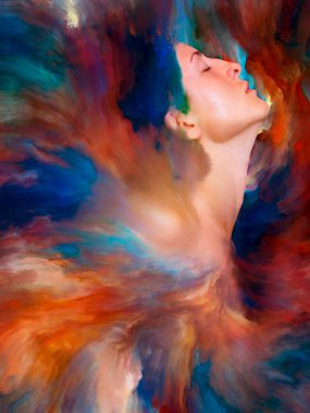 Dünya serisi. Kadın portresinin arka planı duygular, duygular, iç dünya, yaratıcılık ve hayal gücü üzerine canlı boyalar ile kaynaştırılmış.