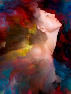 Dünya serisi. Kadın portresinin arka planı duygular, duygular, iç dünya, yaratıcılık ve hayal gücü üzerine canlı boyalar ile kaynaştırılmış.