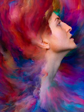 Onun Dünya serisi. Kadın portre konu duygular, duygular, iç dünya, yaratıcılık ve hayal gücü üzerinde canlı boya ile erimiş sanatsal soyutlama oluşan