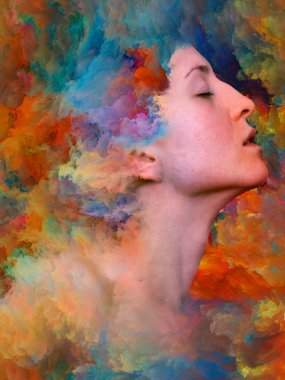 Onun Dünya serisi. Mecazi ilişki duygular, duygular, iç dünya, yaratıcılık ve hayal gücü ile canlı boya ile kadın portre bileşimi erimiş