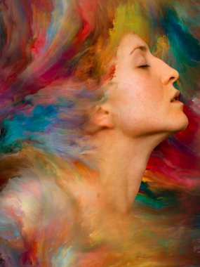 Dünya serisi. Duygular, duygular, iç dünya, yaratıcılık ve hayal gücü konularında bir metafor olarak kadın portresinin canlı resimlerle kaynaşmış yaratıcı düzenlemesi.