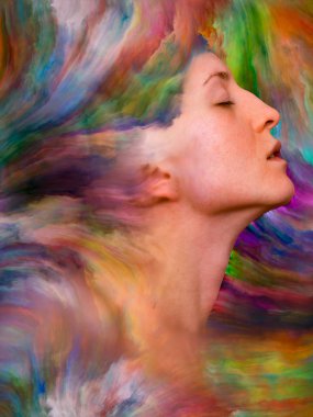 Dünya serisi. Duygular, duygular, iç dünya, yaratıcılık ve hayal gücü konularında bir metafor olarak kadın portresinin canlı resimlerle kaynaşmış yaratıcı düzenlemesi.