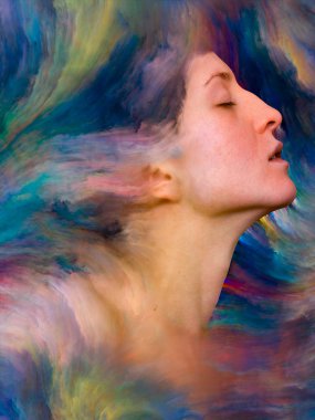 Dünya serisi. Duygular, duygular, iç dünya, yaratıcılık ve hayal gücü konularında bir metafor olarak kadın portresinin canlı resimlerle kaynaşmış yaratıcı düzenlemesi.