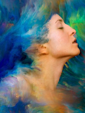 Onun Dünya serisi. Tasarım projeleri için fon olarak hizmet verecek kadın portre ile canlı boya erimiş yapılmış duygular, duygular, iç dünya, yaratıcılık ve hayal gücü ile ilgili