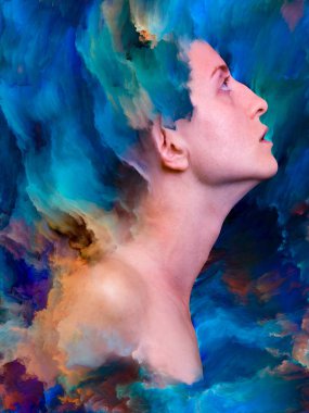 Onun Dünya serisi. Tasarım projeleri için fon olarak hizmet verecek kadın portre ile canlı boya erimiş yapılmış duygular, duygular, iç dünya, yaratıcılık ve hayal gücü ile ilgili