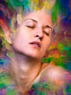 Dünya serisi. Duygular, duygular, iç dünya, yaratıcılık ve hayal gücü konularında kadın portresiyle birleştirilmiş soyut tasarım.