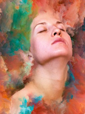 Dünya serisi. Kadın portresinin arka plan tasarımı duygular, duygular, iç dünya, yaratıcılık ve hayal gücü üzerine canlı boyalar ile kaynaştırılmış.