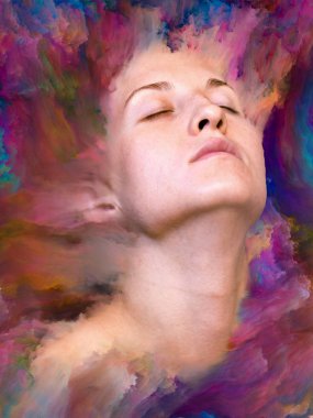 Dünya serisi. Kadın portresinin arka plan tasarımı duygular, duygular, iç dünya, yaratıcılık ve hayal gücü üzerine canlı boyalar ile kaynaştırılmış.