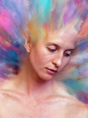 Dünya serisi. Duygular, duygular, iç dünya, yaratıcılık ve hayal gücü konularında kadın portresiyle birleştirilmiş soyut tasarım.