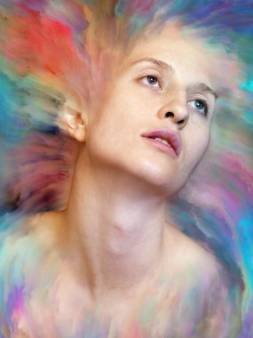 Dünya serisi. Duygular, duygular, iç dünya, yaratıcılık ve hayal gücü konularında bir metafor olarak kadın portresiyle birleştirilmiş bir tasarım.