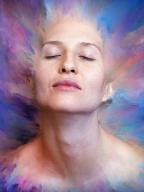 Dünya serisi. Duygular, duygular, iç dünya, yaratıcılık ve hayal gücü konularında kadın portresiyle birleştirilmiş sanatsal soyutlama.