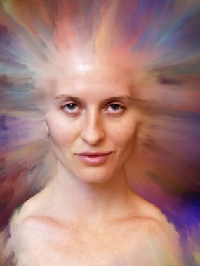 Dünya serisi. Kadın portresinin soyut bileşimi duygular, duygular, iç dünya, yaratıcılık ve hayal gücüyle ilgili projelere uygun canlı boyayla kaynaştırılmış.