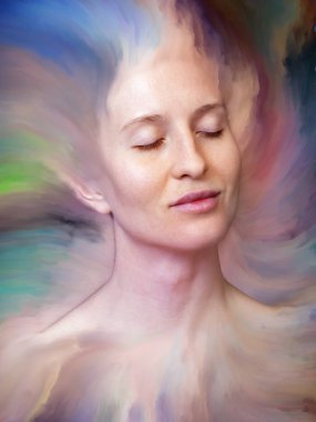 Onun Dünya serisi. Kadın portre konusu duygular, duygular, iç dünya, yaratıcılık ve hayal gücü için canlı boya ile erimiş grafik bileşimi