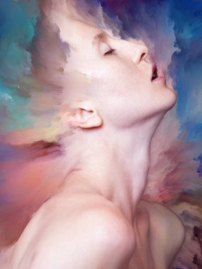 Dünya serisi. Duygular, duygular, iç dünya, yaratıcılık ve hayal gücü üzerine çalışmalar için kadın portresinin canlı boya ile kaynaşmış görsel olarak memnun edici bileşimi