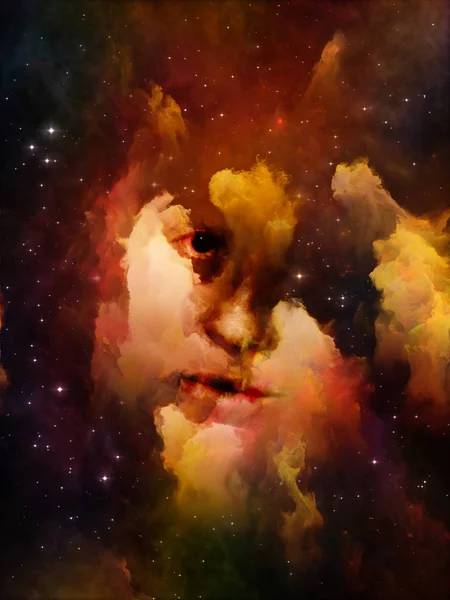 Will Universe Remember Us series. Composition of woman\'s face, nebula and stars on the subject of Universe, Nature, human mind and imagination