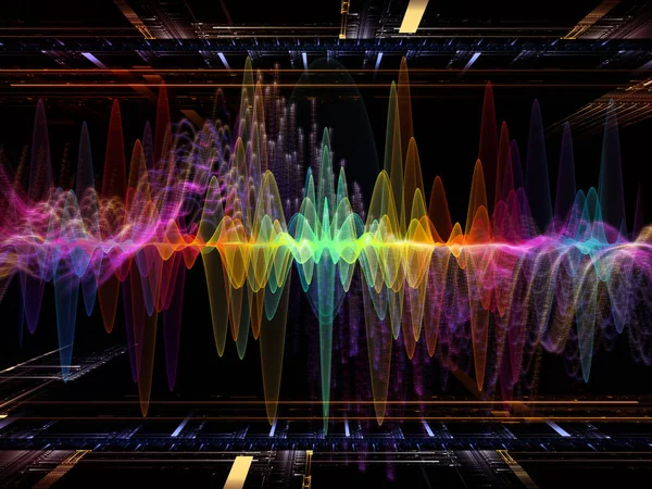 Wave Function series. Design composed of colored sine vibrations, light and fractal elements as a metaphor on the subject of sound equalizer, music spectrum and  quantum probability