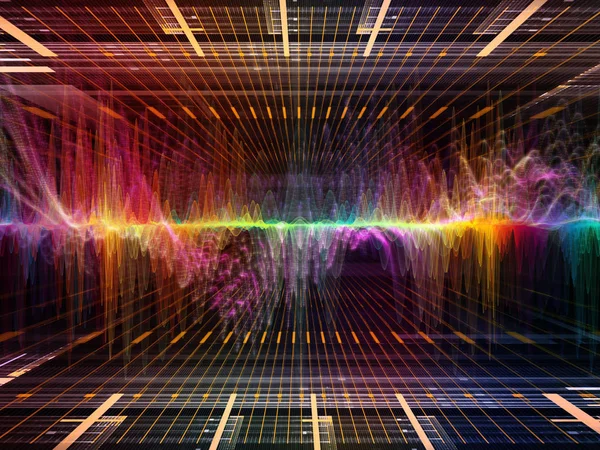 Wave Function series. Design composed of colored sine vibrations, light and fractal elements as a metaphor on the subject of sound equalizer, music spectrum and  quantum probability