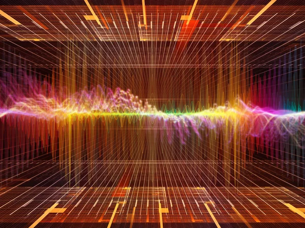 Wave Function series. Design composed of colored sine vibrations, light and fractal elements as a metaphor on the subject of sound equalizer, music spectrum and  quantum probability